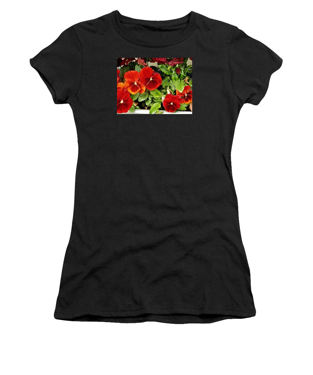 Flowers Women's T-Shirt featuring the photograph Brick Pansies by VLee Watson