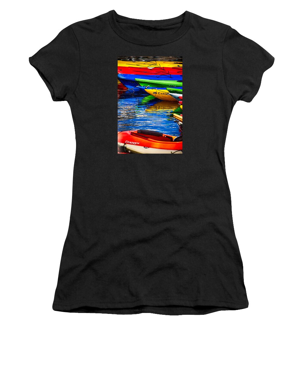 New England Coastline Women's T-Shirt featuring the photograph Bright Kayak Reflections by Jeff Folger