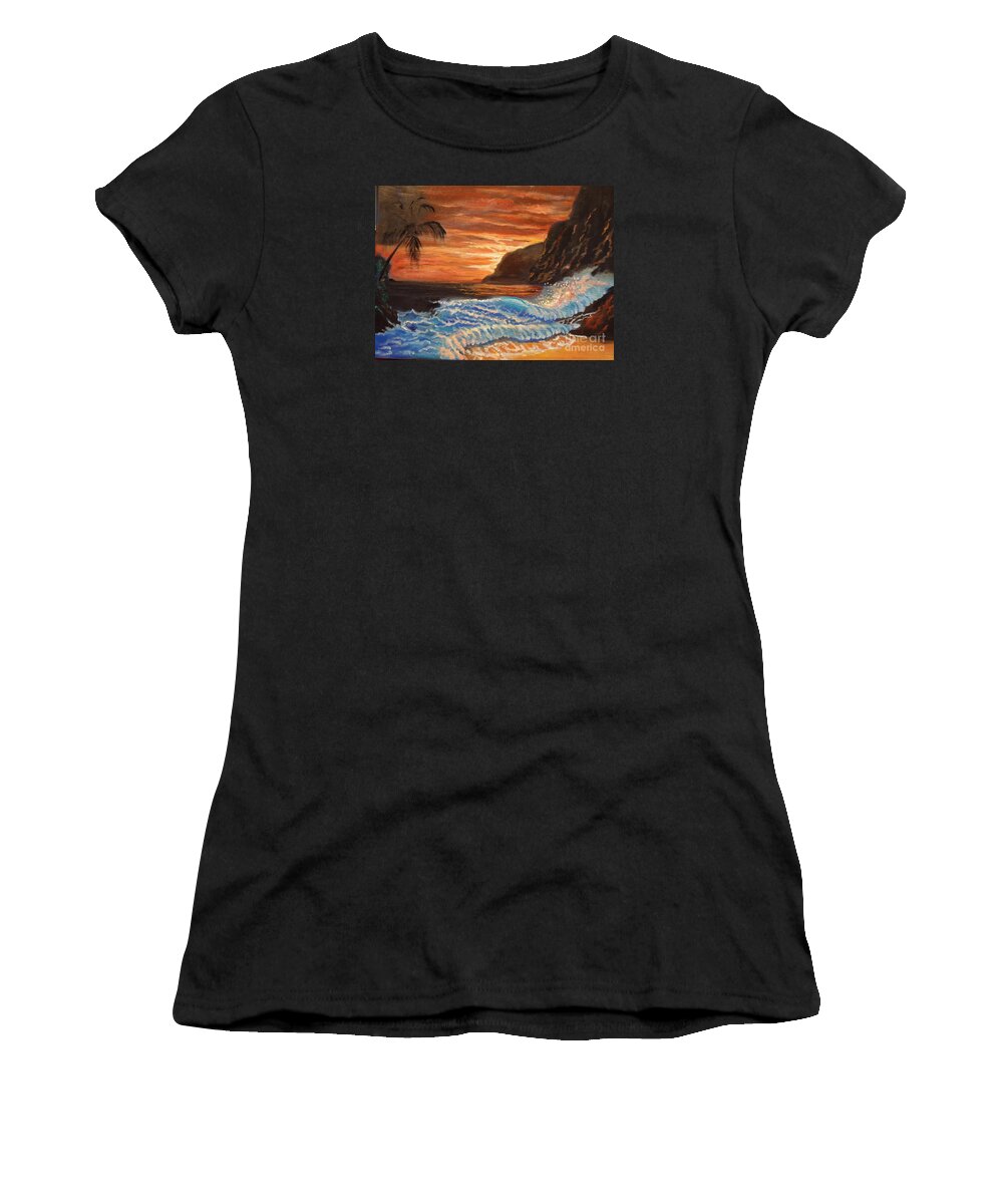 Orange Sky Women's T-Shirt featuring the painting Brilliant Hawaiian Sunset 1 by Jenny Lee
