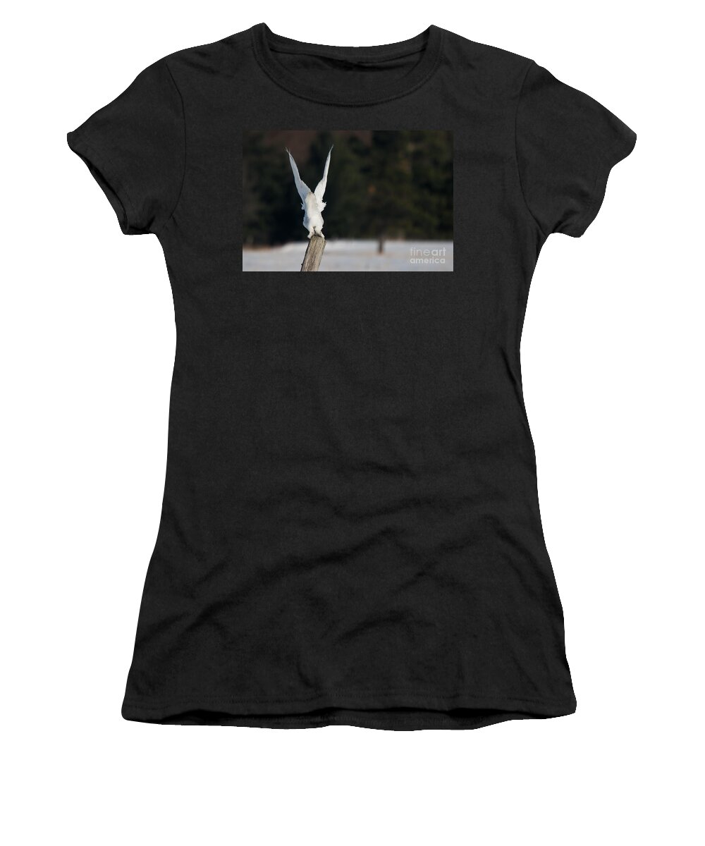 Snowy Owl Women's T-Shirt featuring the photograph Bye Bye Snowy by Cheryl Baxter