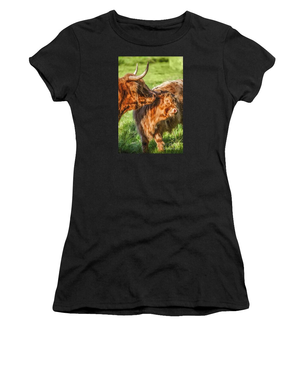 Highland Cow Women's T-Shirt featuring the digital art Caring Mother by Liz Leyden