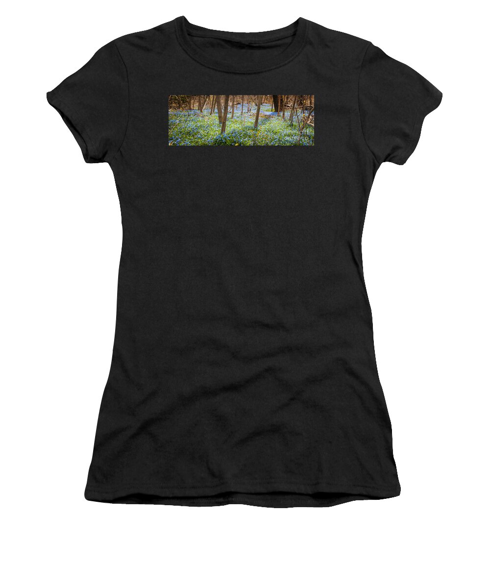 Flowers Women's T-Shirt featuring the photograph Carpet of blue flowers in spring forest 3 by Elena Elisseeva