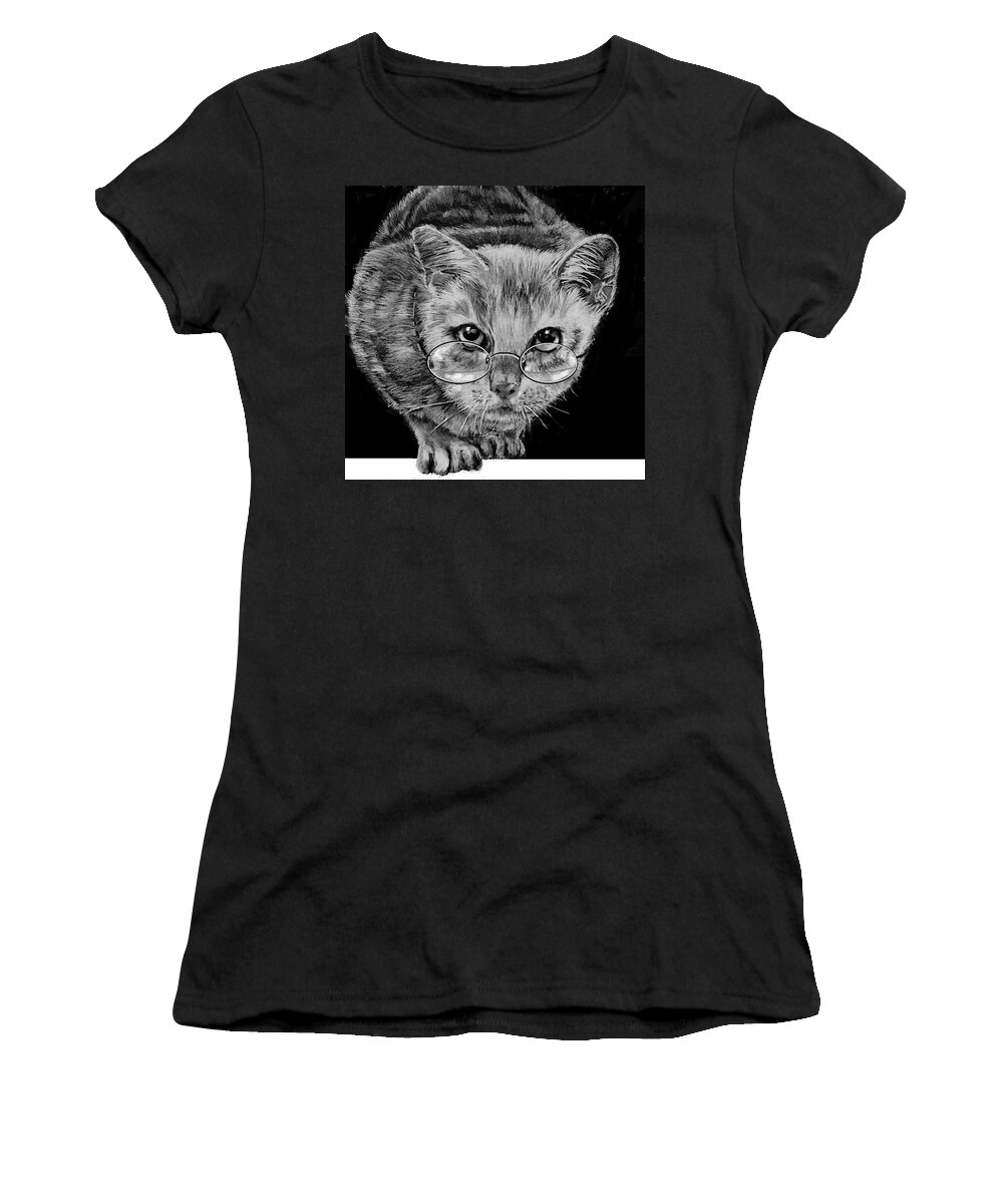 Cat In Glasses Women's T-Shirt featuring the drawing Cat In Glasses by Jean Cormier