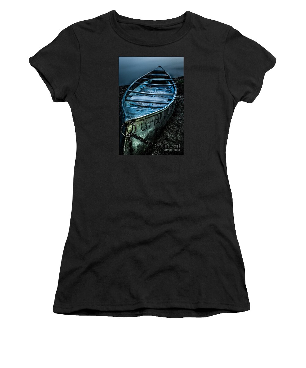 Canoe Women's T-Shirt featuring the photograph Chained At The Waters Edge by Michael Arend