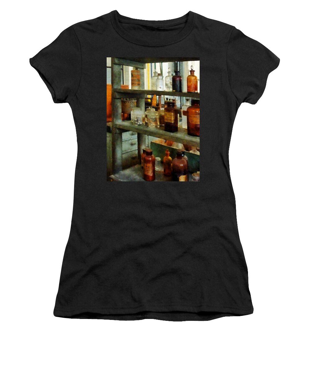 Science Women's T-Shirt featuring the photograph Chemist - Bottles of Chemicals Tall and Short by Susan Savad