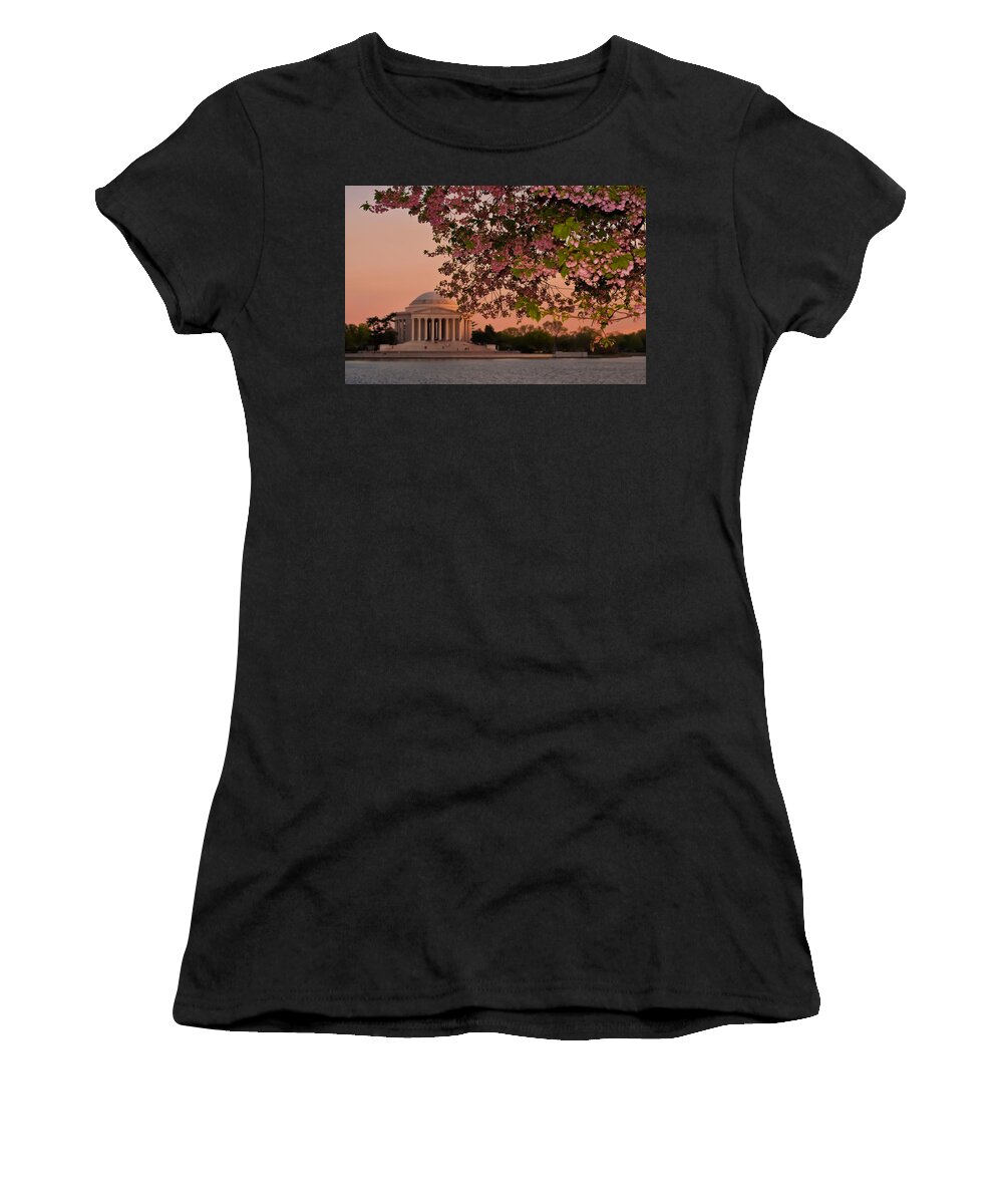 America Women's T-Shirt featuring the photograph Cherry Blossoms Framing the Jefferson Memorial at Sunset by Mitchell R Grosky