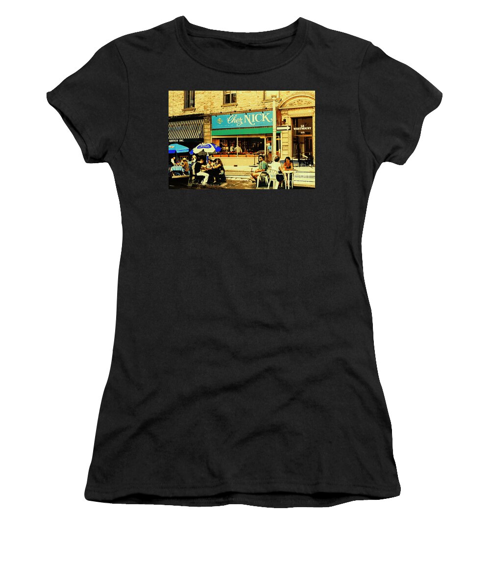 Chez Nick Women's T-Shirt featuring the painting Chez Nick On Greene Avenue Montreal In Summer Cafe Art Westmount Terrace Bistros And Umbrellas by Carole Spandau