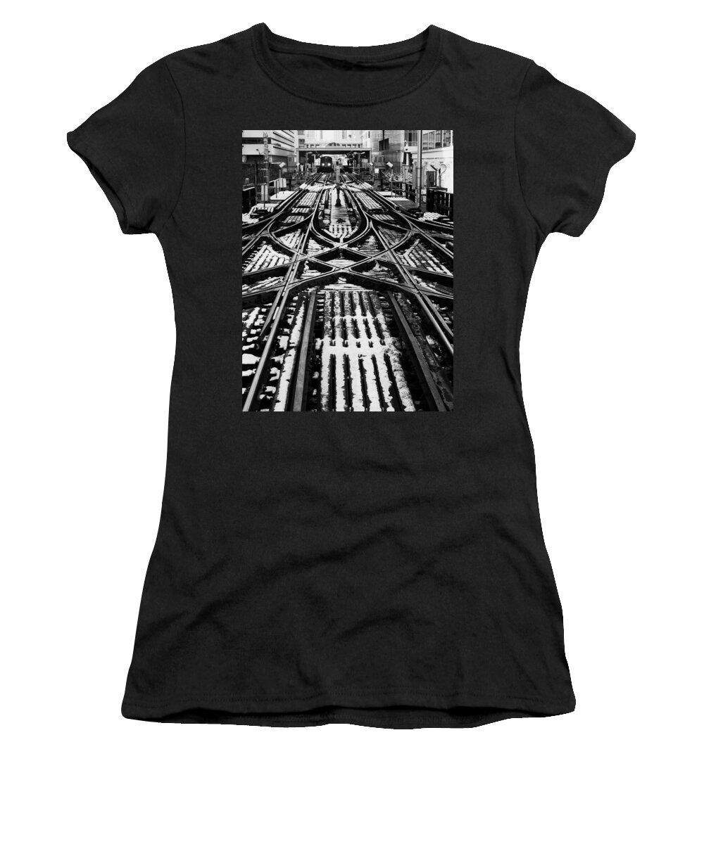 Chicago Women's T-Shirt featuring the photograph Chicago 'L' Tracks Winter by Kyle Hanson