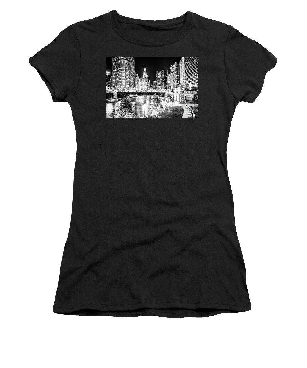America Women's T-Shirt featuring the photograph Chicago River Buildings at Night in Black and White by Paul Velgos