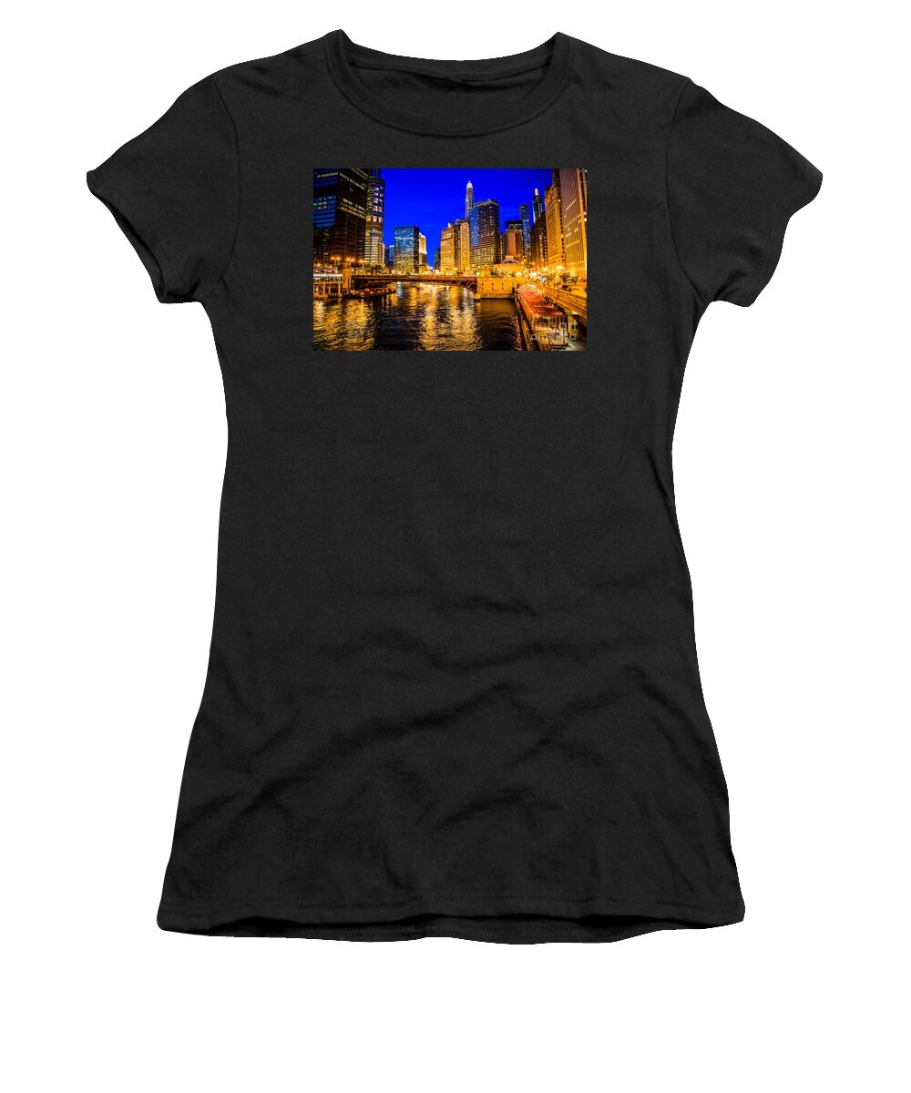 America Women's T-Shirt featuring the photograph Chicago River Buildings at Night Picture by Paul Velgos