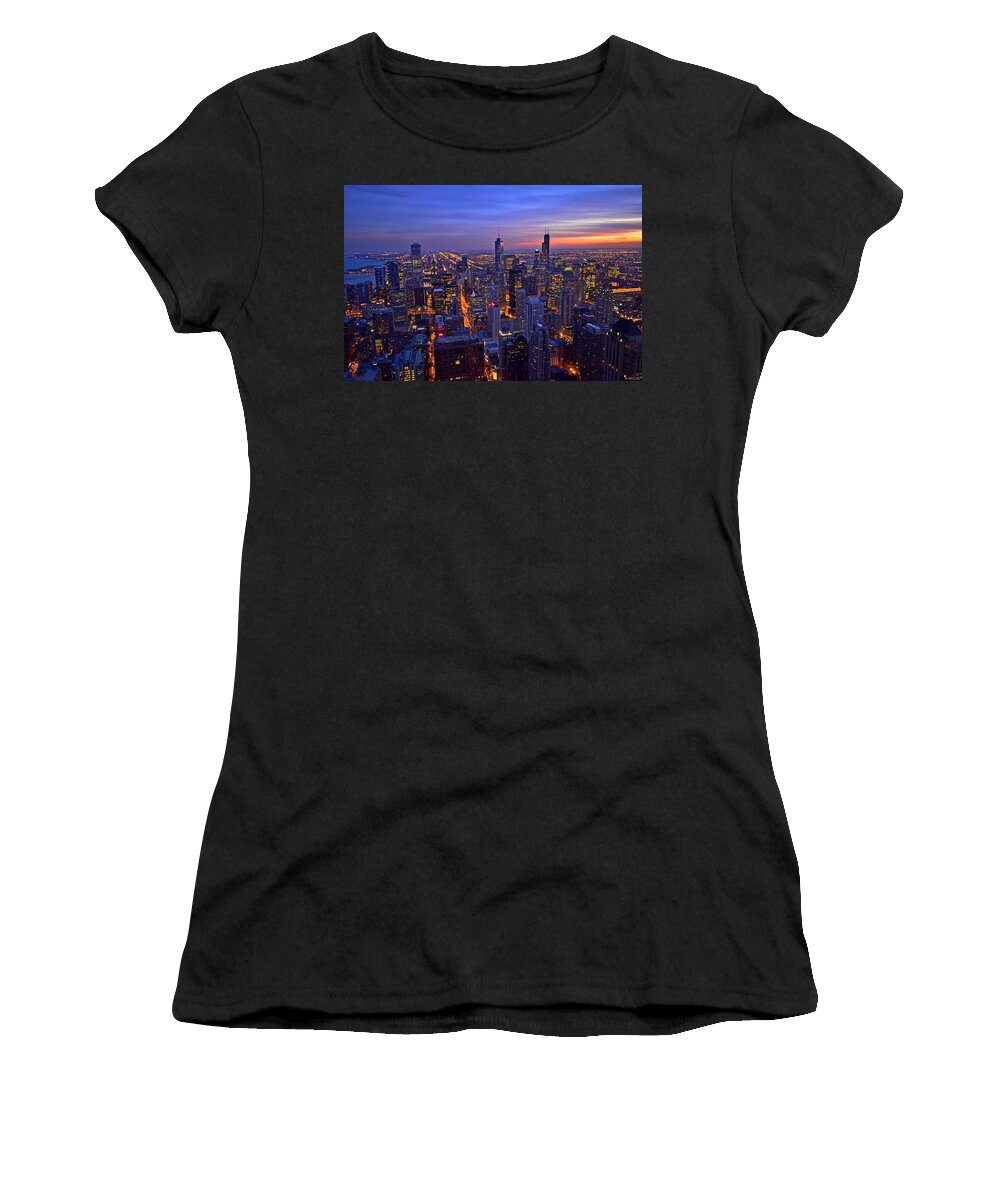 Chicago Women's T-Shirt featuring the photograph Chicago Skyline at Dusk from John Hancock Signature Lounge by Jeff at JSJ Photography