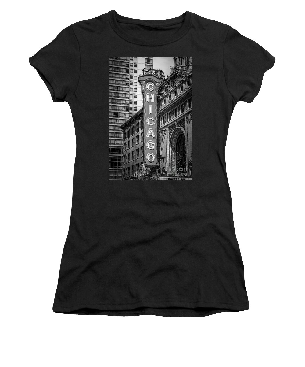 America Women's T-Shirt featuring the photograph Chicago Theater Sign in Black and White by Paul Velgos