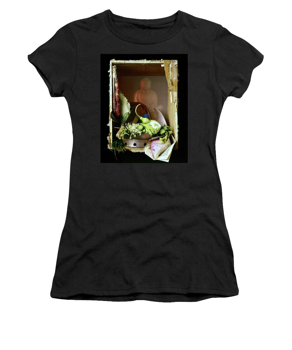 Still Life Women's T-Shirt featuring the photograph Chinese Statue With Cooking Items by Fotiades