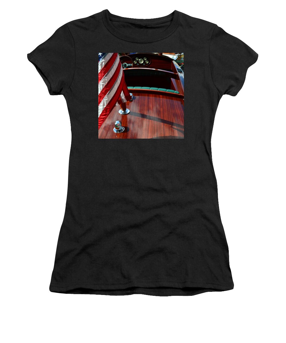 Classic Boat Women's T-Shirt featuring the photograph Chris Craft with Flag and Steering Wheel by Michelle Calkins