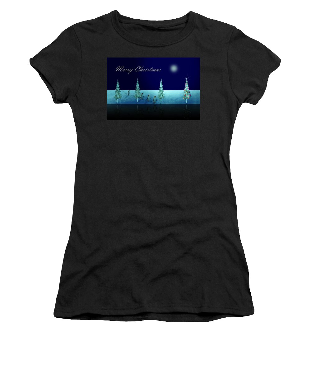 Penguin Women's T-Shirt featuring the digital art Christmas Eve Walk of the Penguins by David Dehner