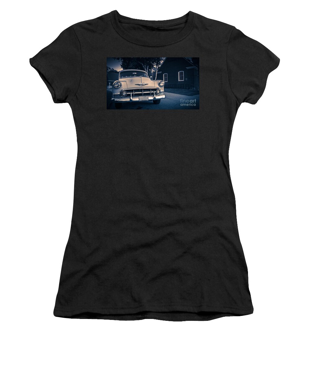 Vintage. Old Women's T-Shirt featuring the photograph Classic old Chevy car at night by Edward Fielding