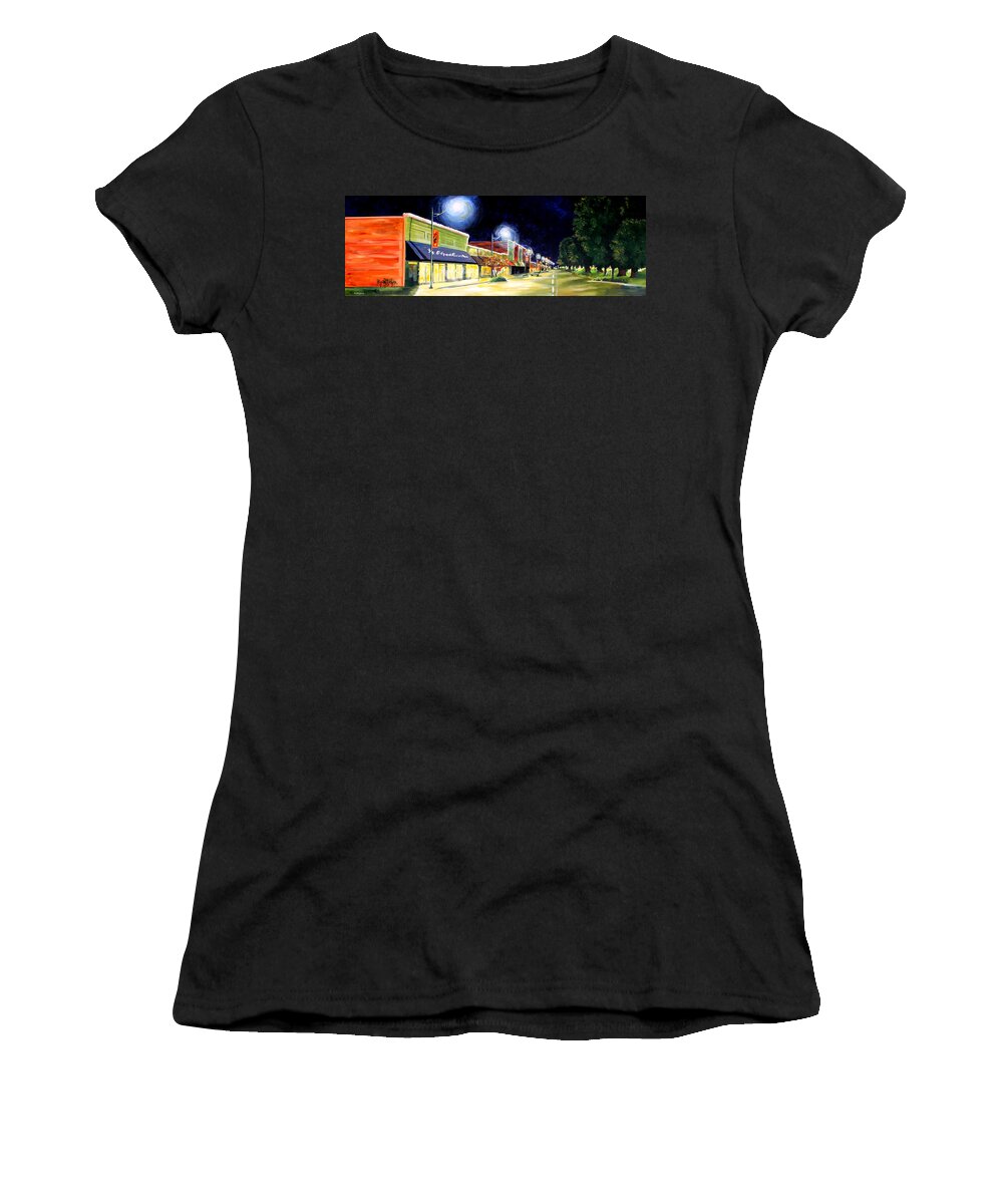 Cleveland Mississippi Women's T-Shirt featuring the painting Cleveland Mississippi at Night by Karl Wagner