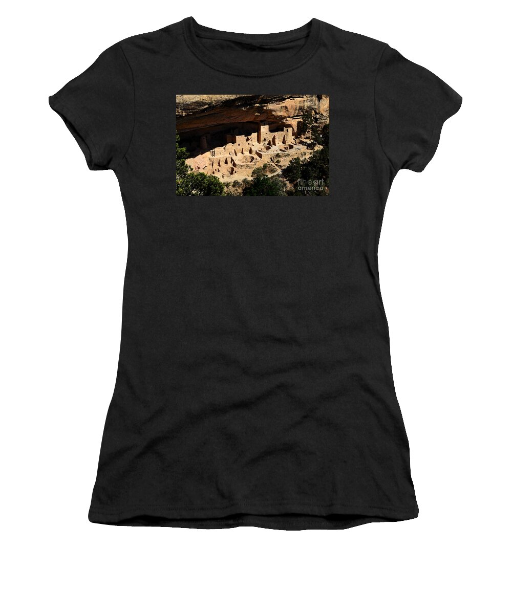 Mesa Verde Women's T-Shirt featuring the digital art Cliff Palace at Mesa Verde National Park Anasazi Ruin Watercolor Digital Art by Shawn O'Brien