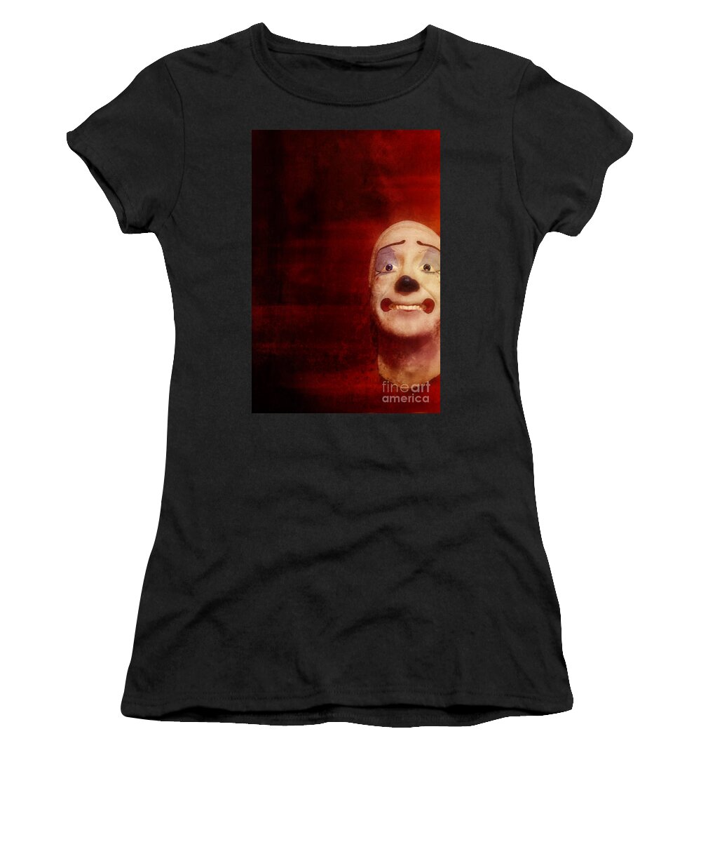 Clown; Face; Painted; Eerie; Surreal; Bust; Mask; Red; Still Life; Smile; Teeth; White; Eyes; Nose; Bald; Happy; Ominous; Sculpture; Bizarre Women's T-Shirt featuring the photograph Clown Face by Margie Hurwich