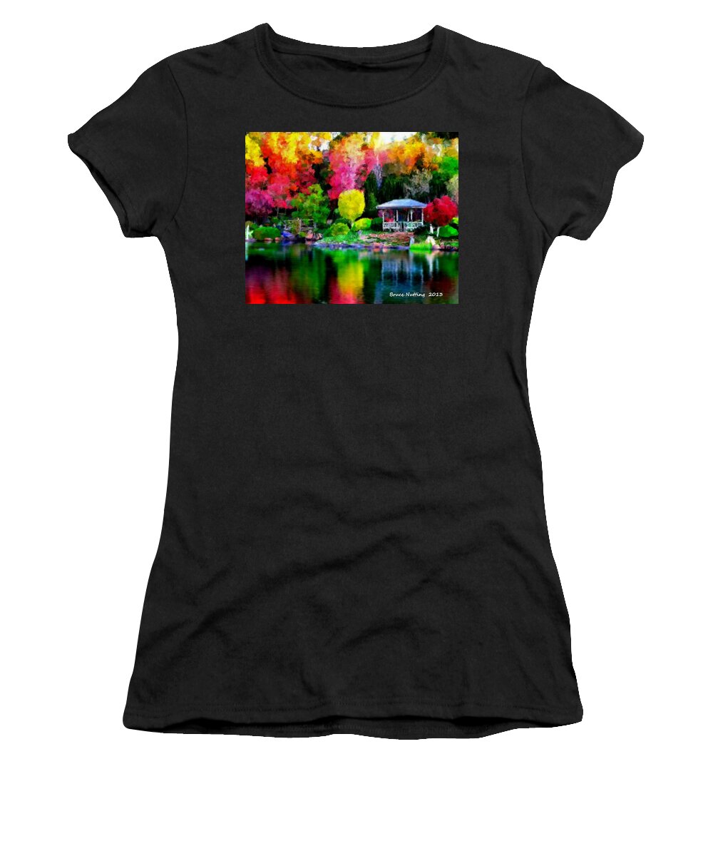 Colorful Women's T-Shirt featuring the painting Colorful Park at the Lake by Bruce Nutting