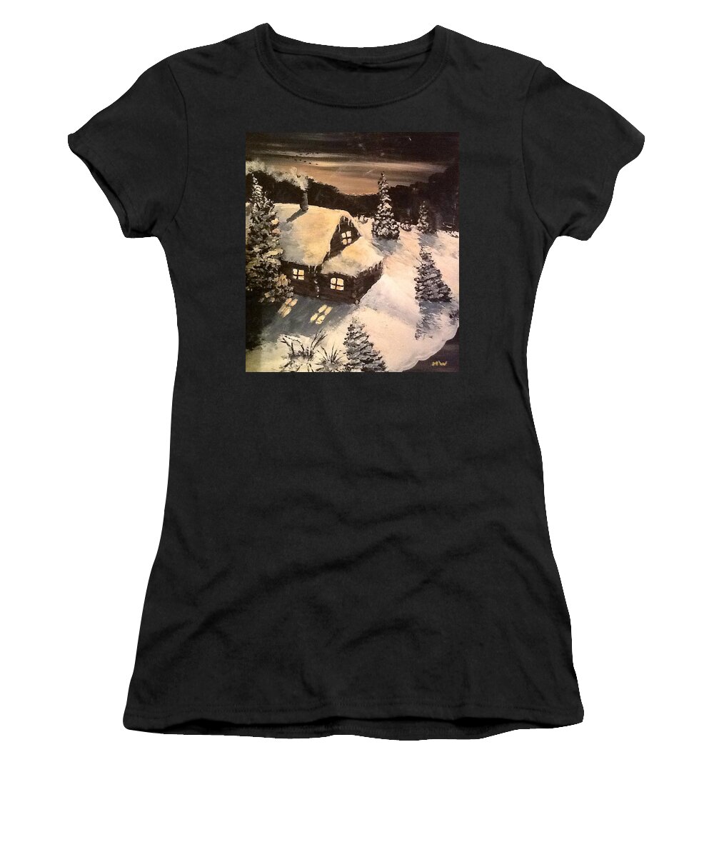 Winter Women's T-Shirt featuring the painting Cozy cabin by Megan Walsh