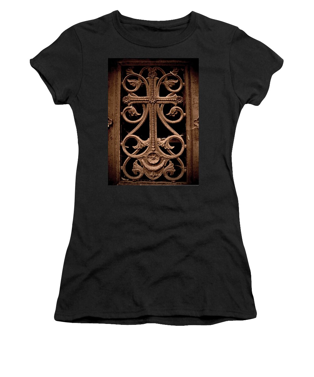 Sepia Women's T-Shirt featuring the photograph Crypt Grate by Lisa Chorny
