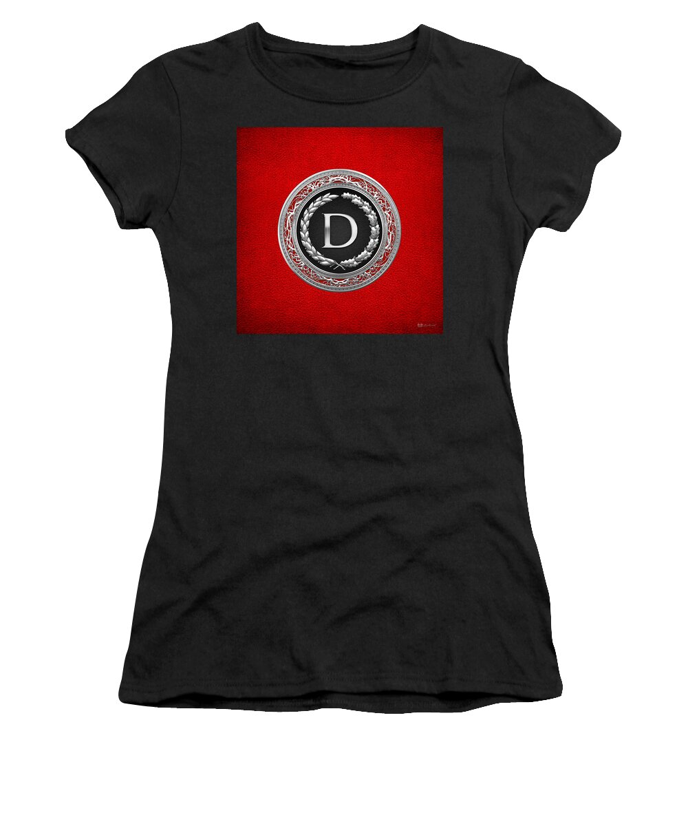 C7 Vintage Monograms 3d Women's T-Shirt featuring the digital art D - Silver Vintage Monogram on Red Leather by Serge Averbukh