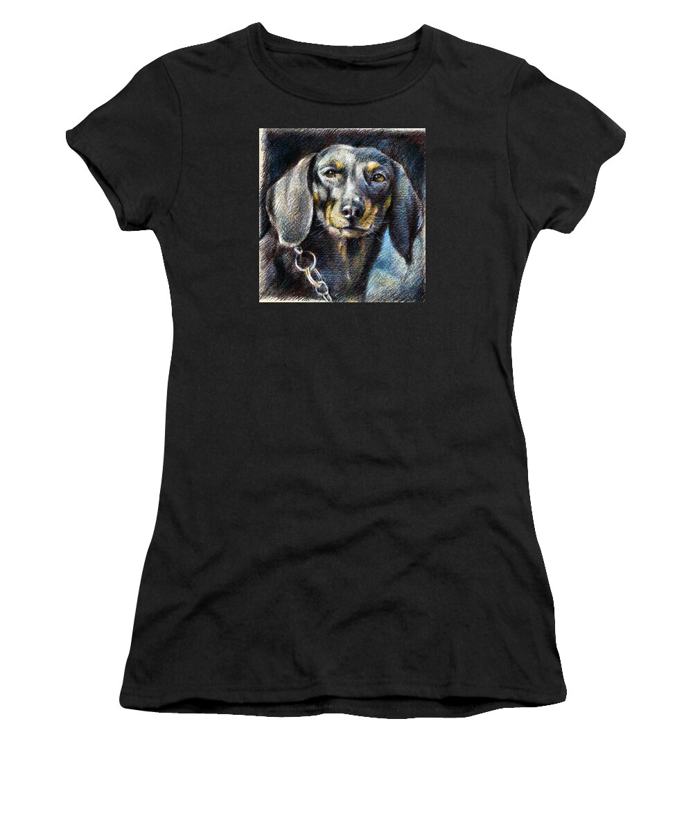 Dachshund Dog Print Canvas Women's T-Shirt featuring the drawing Dachshund by Daliana Pacuraru