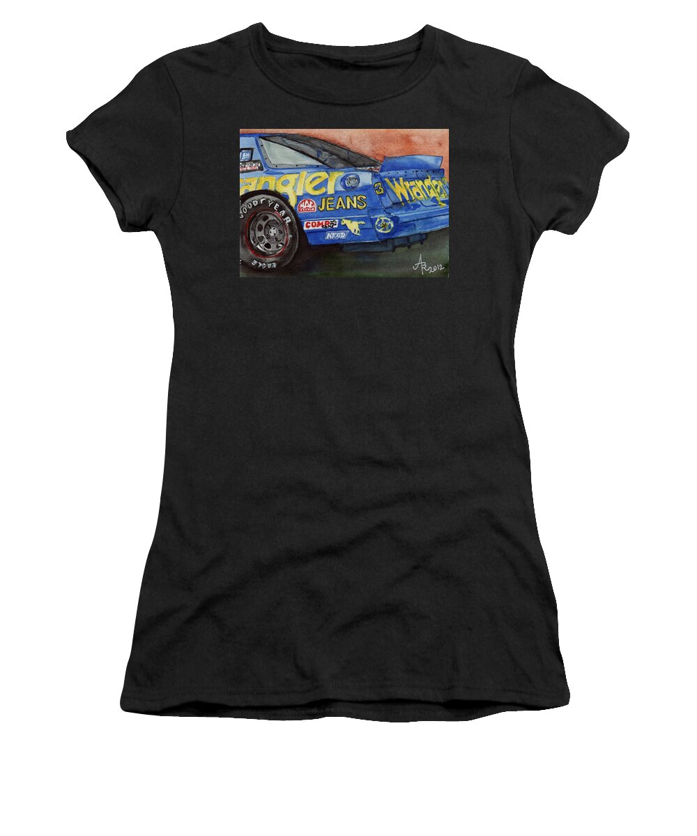 Blue Women's T-Shirt featuring the painting Dale Earnhardt's 1987 Chevrolet Monte Carlo Aerocoupe No. 3 Wrangler by Anna Ruzsan