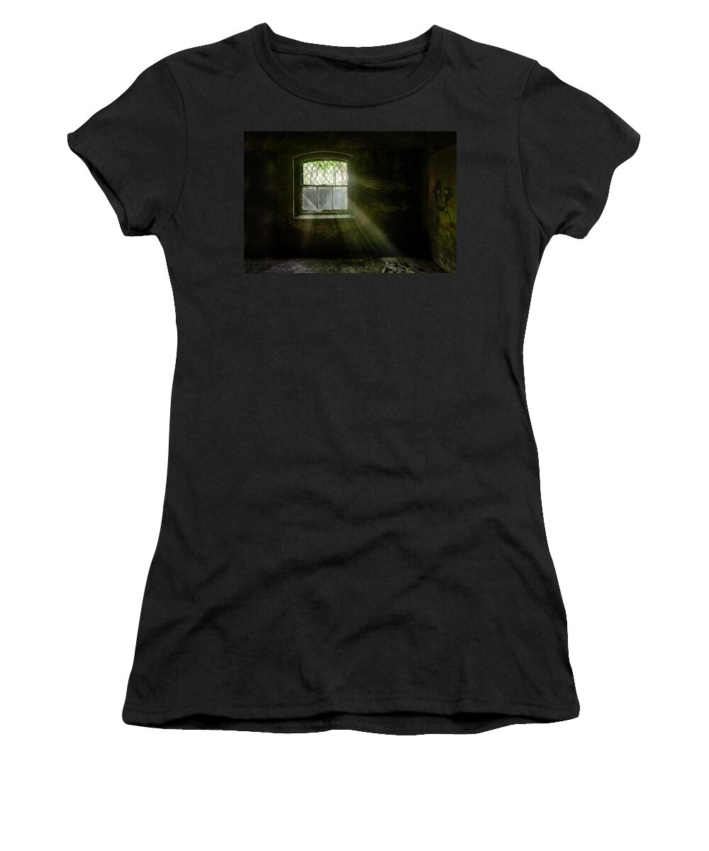 Old Window Women's T-Shirt featuring the photograph Darkness Revealed - Basement room of an abandoned asylum by Gary Heller