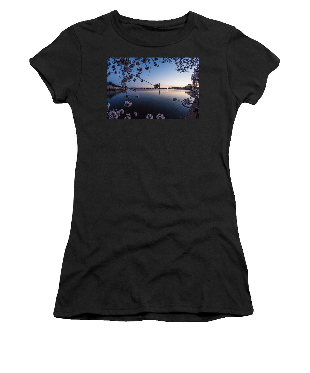 Cherry Blossom Women's T-Shirt featuring the photograph Dawn at Tidal Basin by SAURAVphoto Online Store