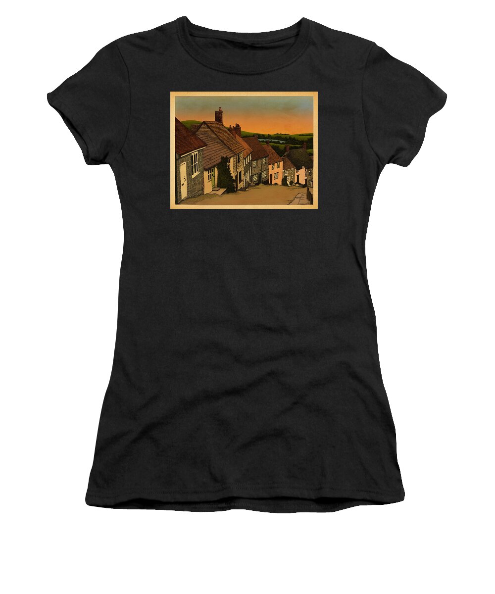 Village Street Houses Architecture Women's T-Shirt featuring the drawing Daybreak by Meg Shearer