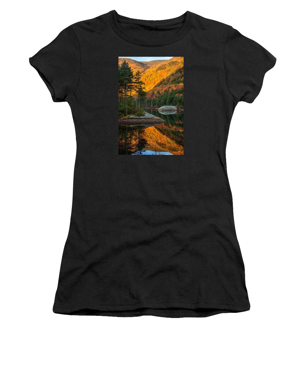 Beaver Pond Women's T-Shirt featuring the photograph Dawns foliage reflection by Jeff Folger