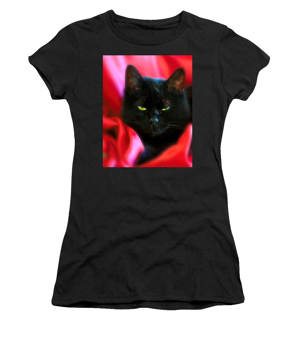 Black Cat Women's T-Shirt featuring the photograph Devil In A Red Dress by Bob Orsillo