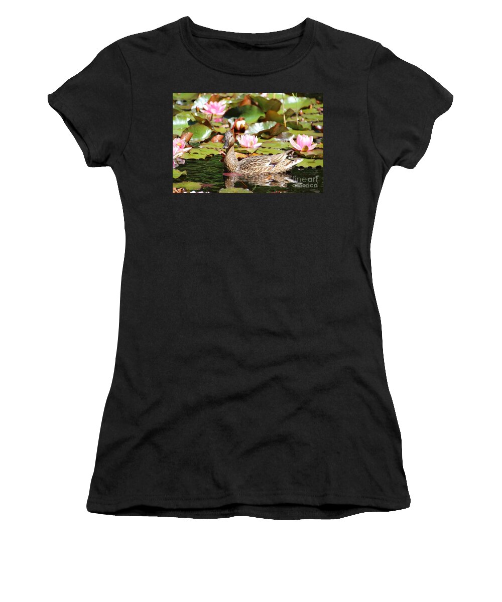 Lilies Women's T-Shirt featuring the photograph Duck in the Water Lilies by Amanda Mohler