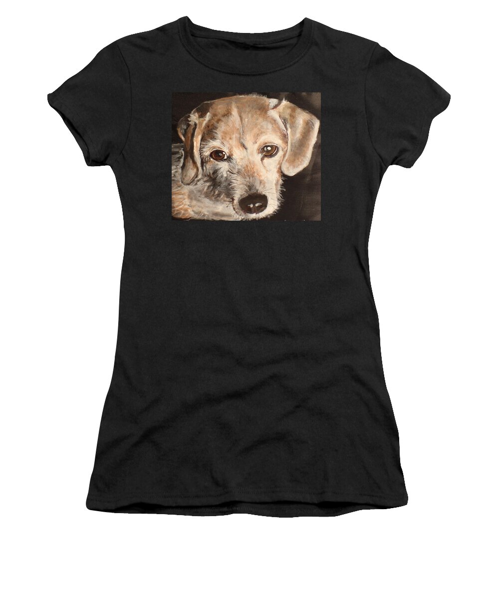 Mixed Beagle And Terrier Dog Women's T-Shirt featuring the painting Dufus by Carol Russell