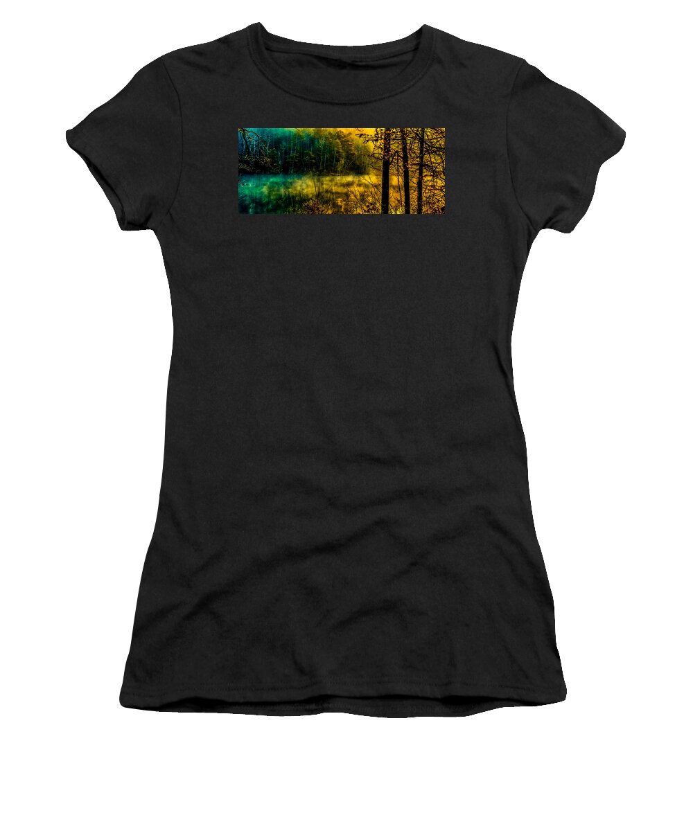 Optical Playground By Mp Ray Women's T-Shirt featuring the photograph Early Morning Lake Fog by Optical Playground By MP Ray