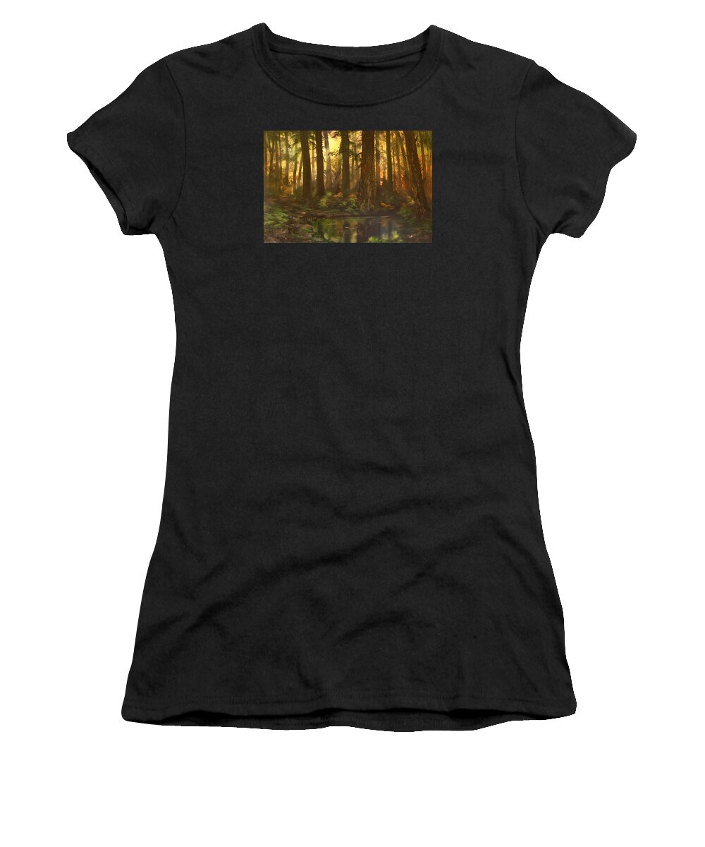 Cannock Chase Women's T-Shirt featuring the painting Early Morning Sun on Cannock Chase by Jean Walker