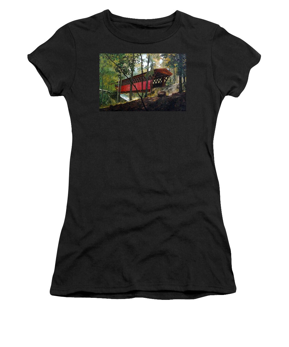 Covered Bridge Women's T-Shirt featuring the painting Easley Covered Bridge in Early Spring by T S Carson