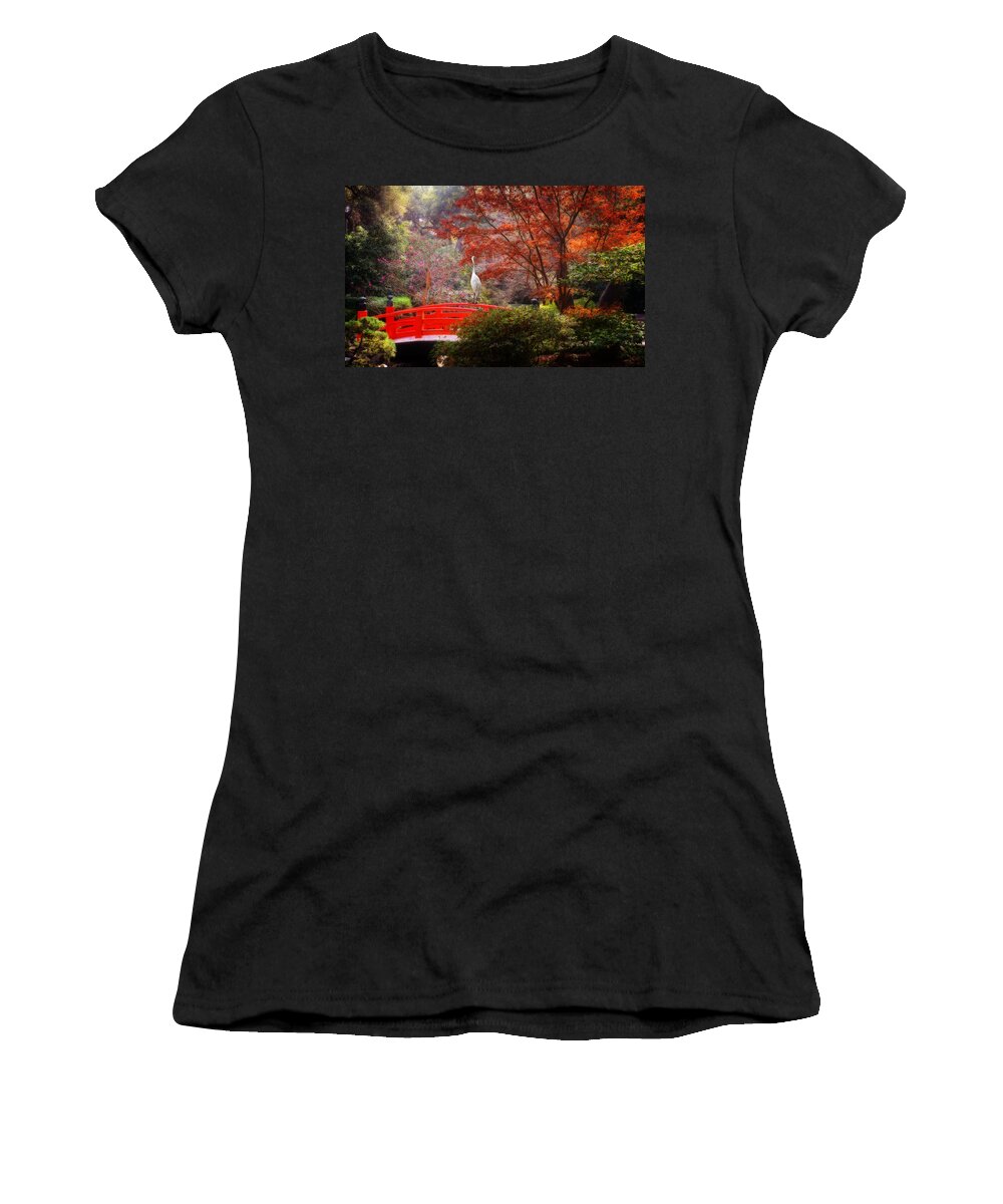 Egret Women's T-Shirt featuring the photograph Egret in the Japanese Garden by Lynn Bauer