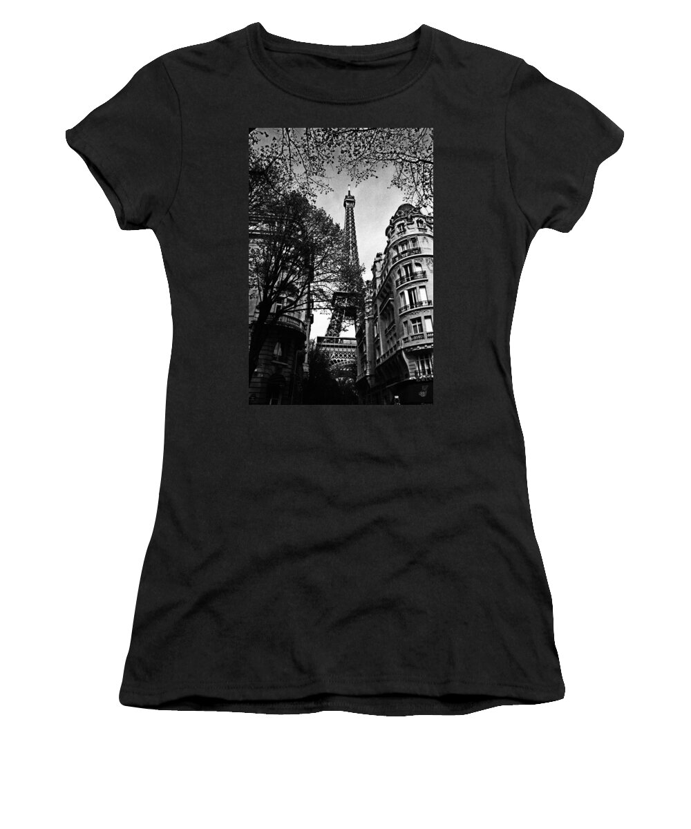 Vintage Eiffel Tower Women's T-Shirt featuring the photograph Eiffel Tower Black and White by Andrew Fare