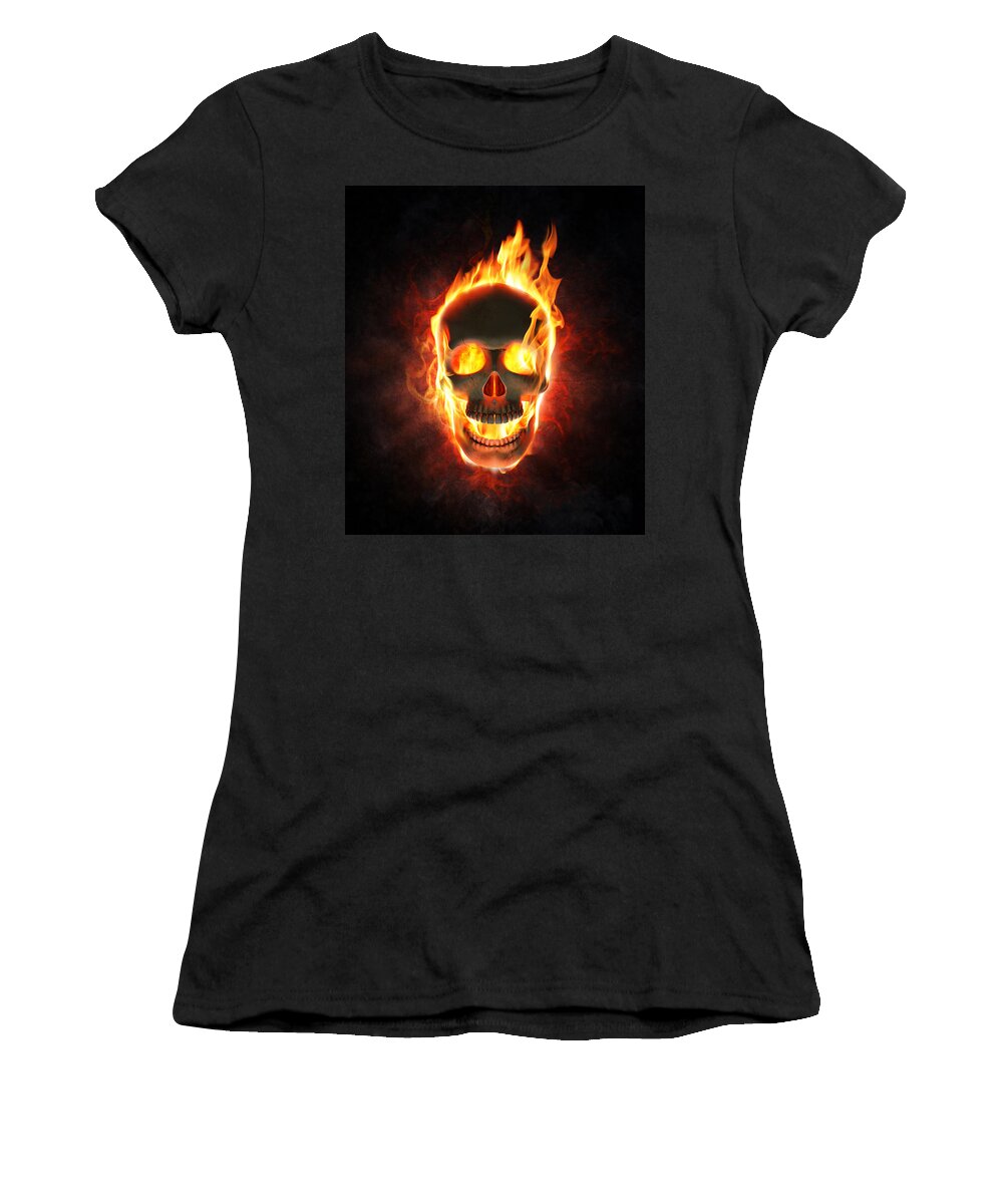 Skull Women's T-Shirt featuring the photograph Evil skull in flames and smoke by Johan Swanepoel
