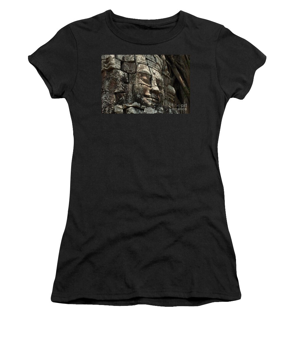 Angkor Wat Women's T-Shirt featuring the photograph Face At Banyon Ankor Wat Cambodia by Bob Christopher