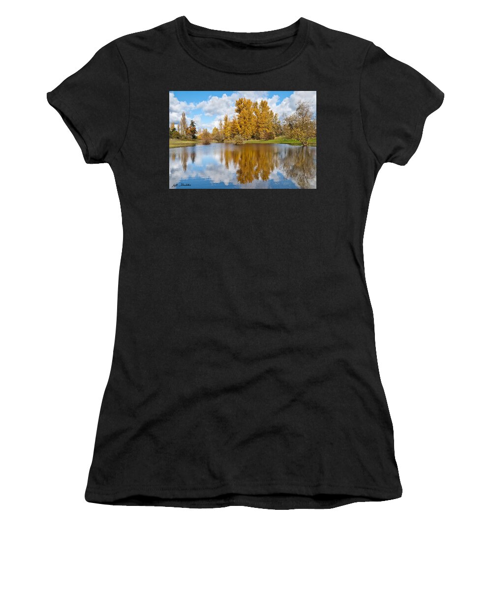 Agricultural Activity Women's T-Shirt featuring the photograph Fall Colors and Clouds Reflected in a Pond by Jeff Goulden