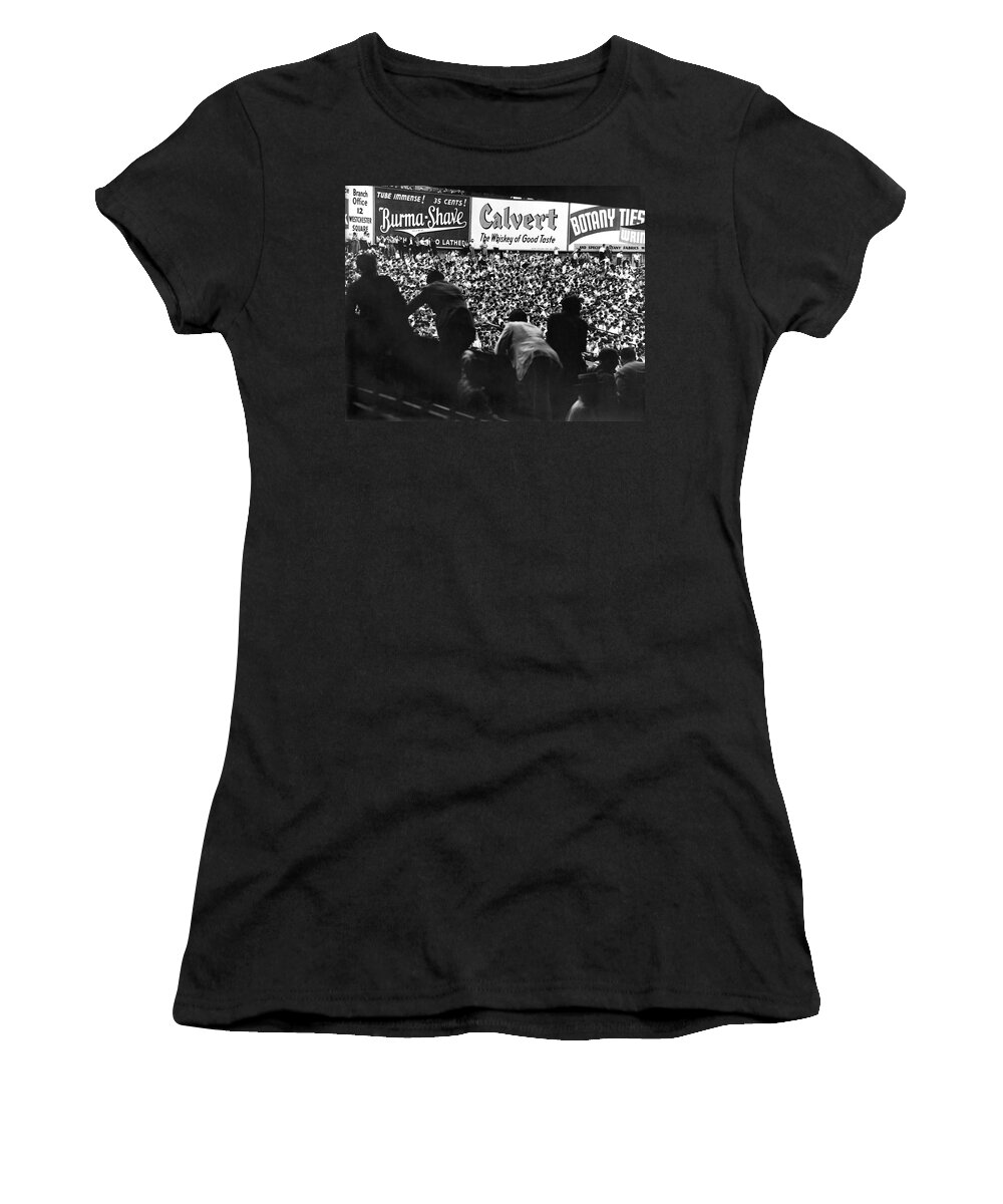 1939 Women's T-Shirt featuring the photograph Fans in the bleachers during a baseball game at Yankee Stadium by Underwood Archives