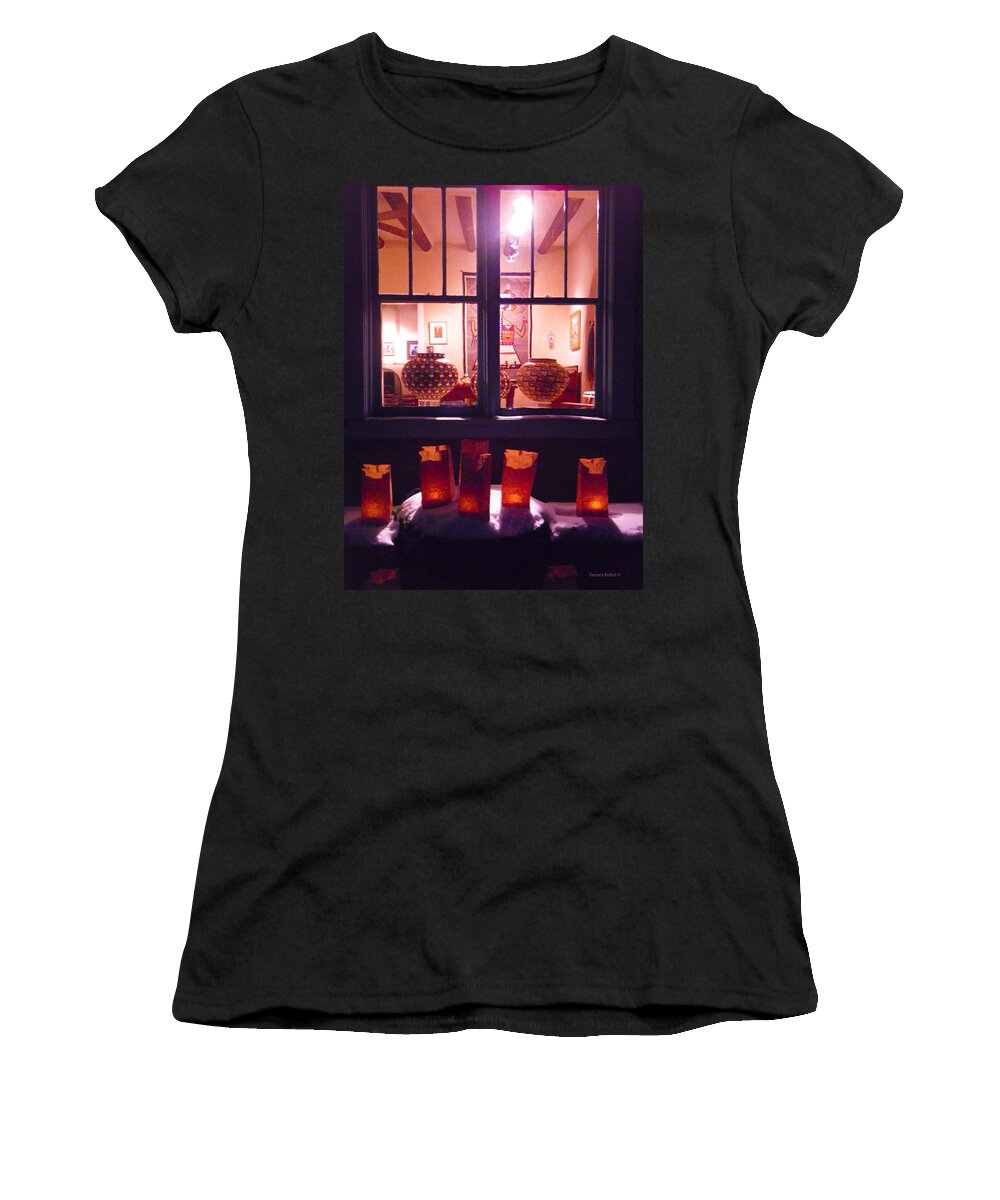 Farolitos Women's T-Shirt featuring the photograph Farolitos or Luminaria Below Window 4 by Tamara Kulish