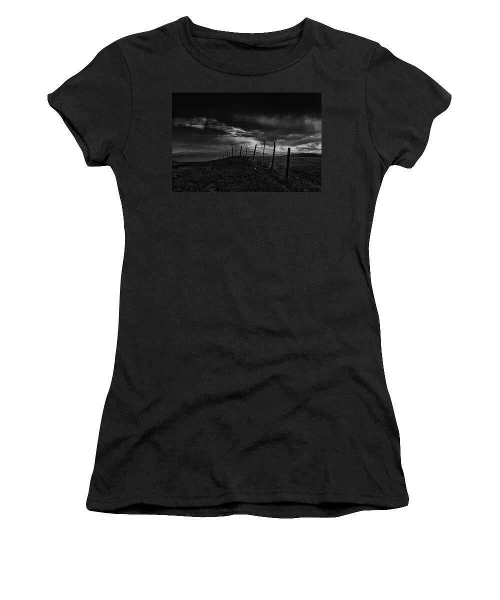 Black And White Women's T-Shirt featuring the photograph Fence Line by Theresa Tahara