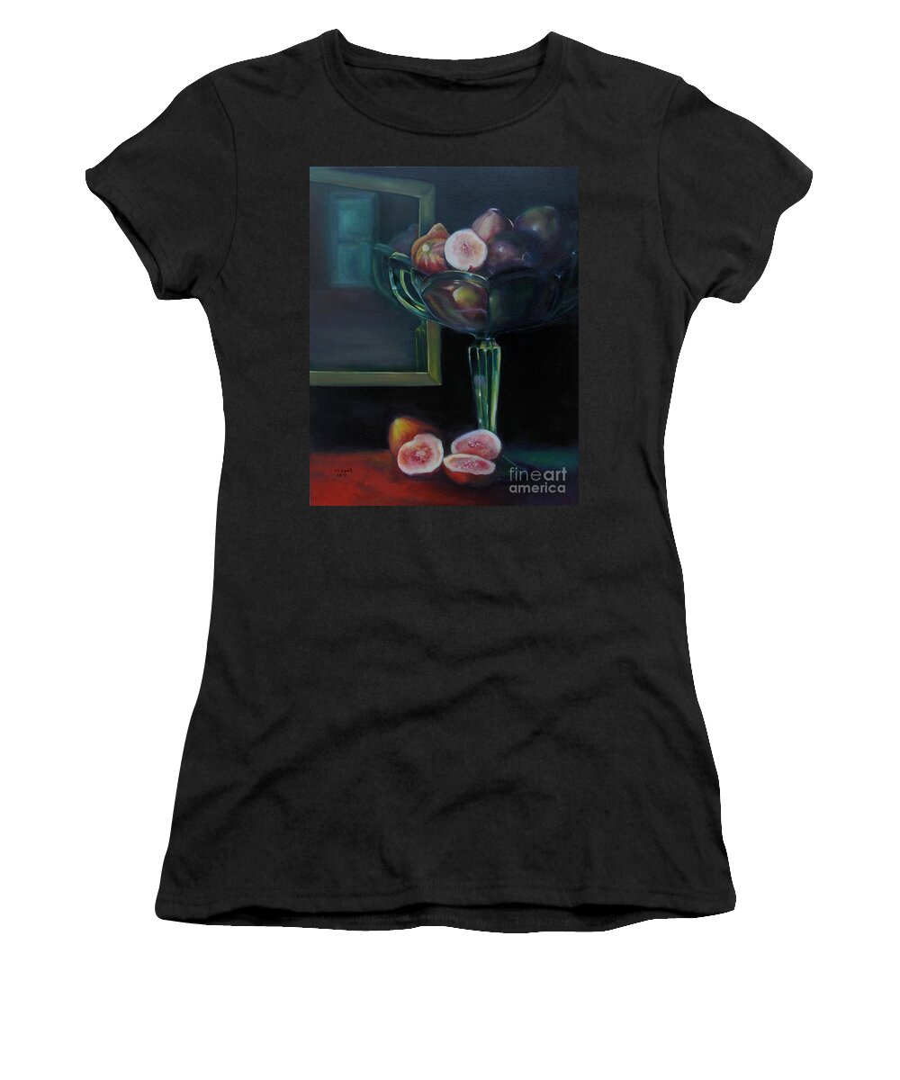 Figs Women's T-Shirt featuring the painting Figs in Green Glass Dish by Marlene Book