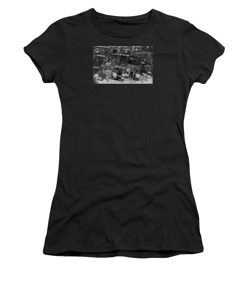 Film Noir Pulp Magazines Late 1940's-early 1950's Store Window Tucson Arizona Women's T-Shirt featuring the photograph Film noir pulp magazines late 1940's-early 1950's store window Tucson Arizona by David Lee Guss