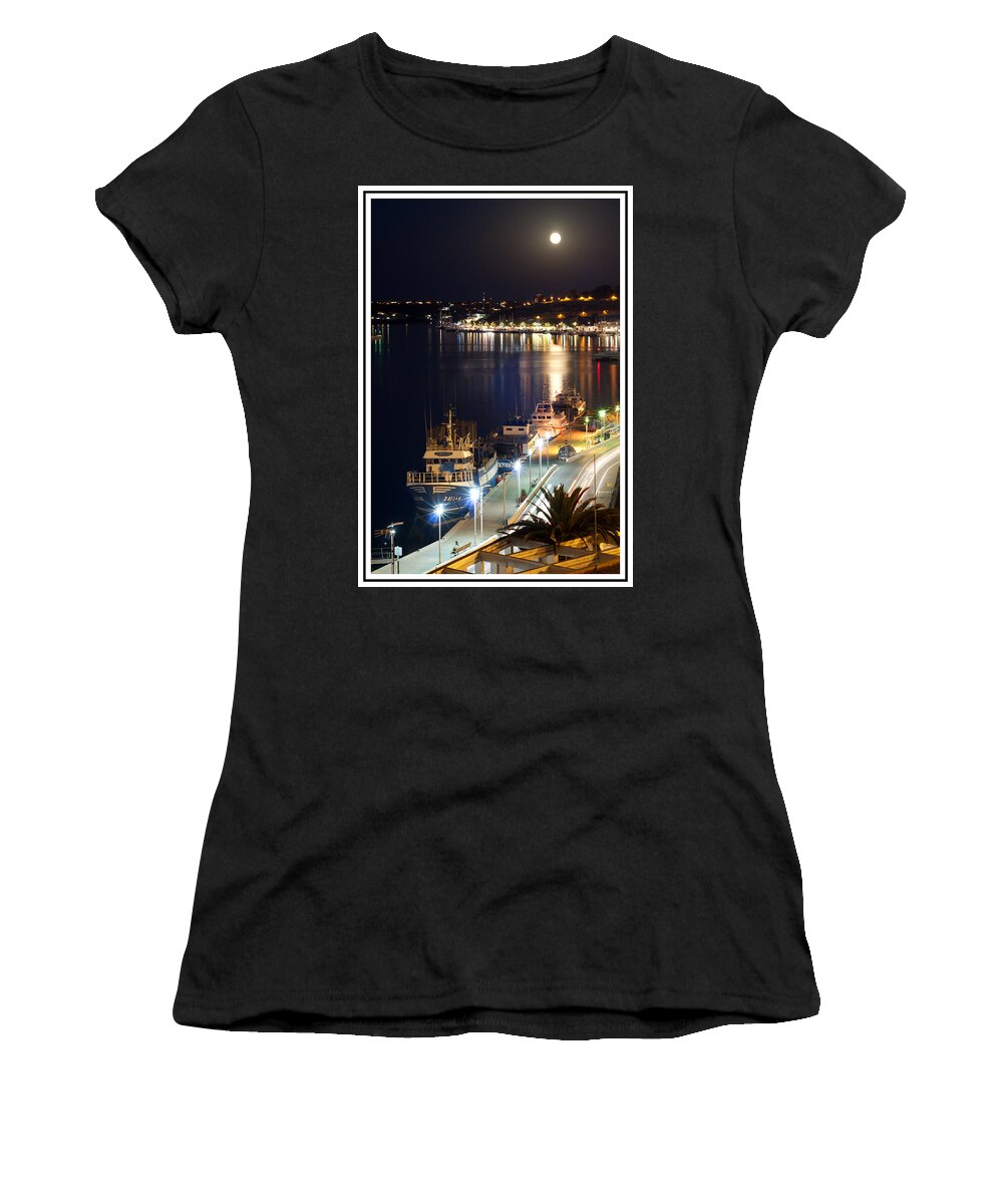 Summer Women's T-Shirt featuring the photograph fishing boats under the august moonlight of Port Mahon in Menorca Island by Pedro Cardona Llambias